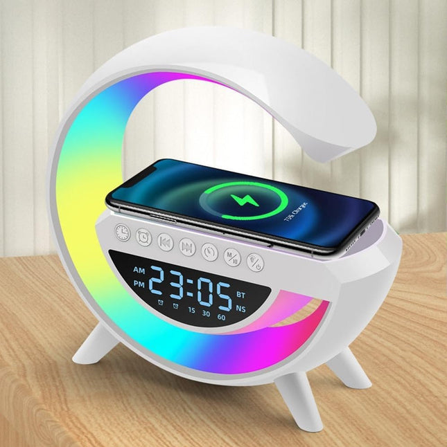 Multifunktionell nattlampa med trådlös laddare, Bluetooth-högtalare och väckarklocka
