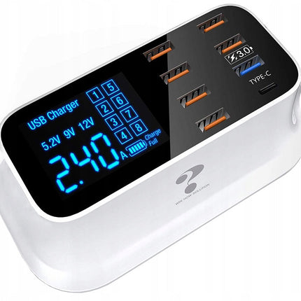 Snabbladdare för mobil med 7 USB + 1 USB-C med LCD-skärm - 40W