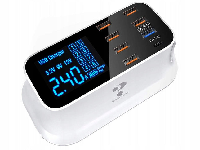 Snabbladdare för mobil med 7 USB + 1 USB-C med LCD-skärm - 40W