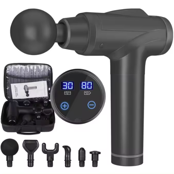 Kraftfull massagepistol med 6 utbytbara huvuden och display
