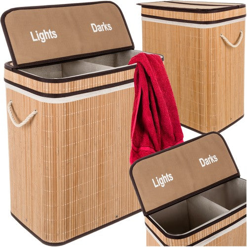 Tvådelad bambu tvättkorg 100L – Elegant korg för sortering av tvätt